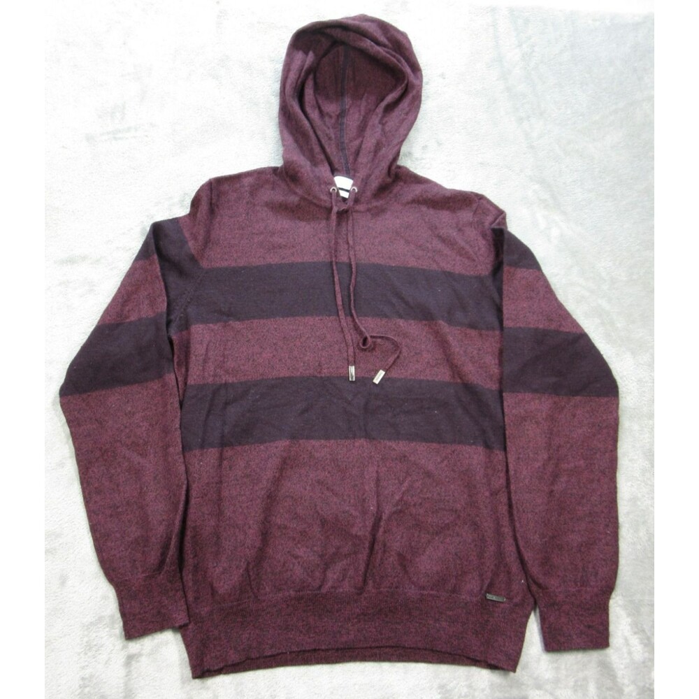 Calvin Klein Sweater Hoodie Men's Medium Striped Red Long Slv Merino Wool Blend